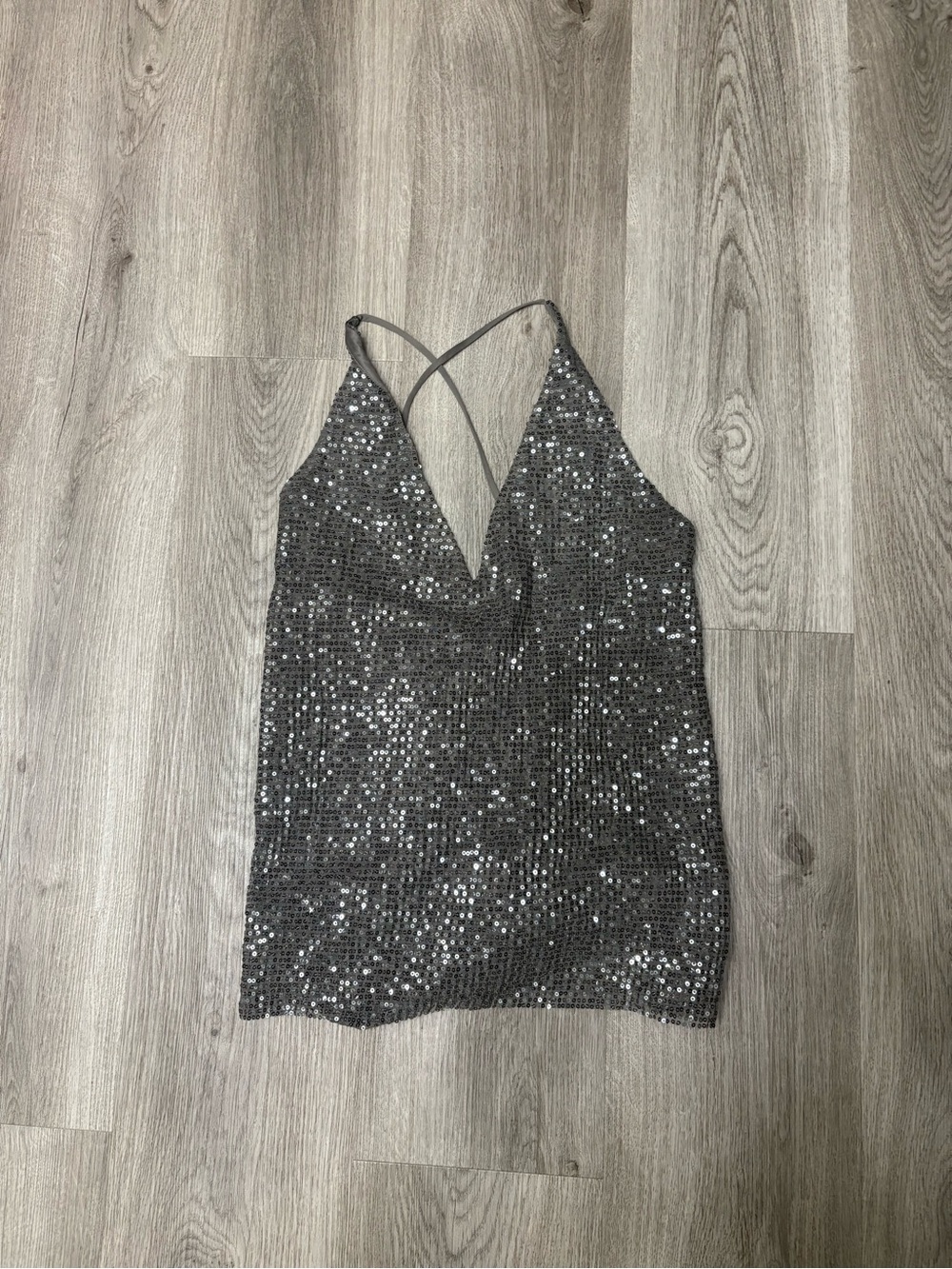 Express Sequin V-Neck Cami Top in Metallic Gray